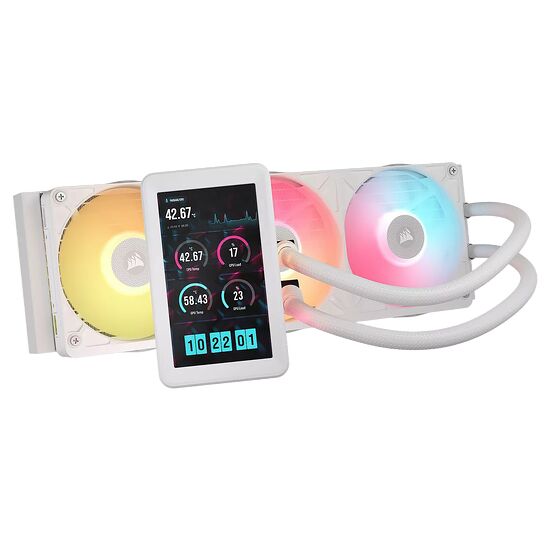 Watercooling AIO Corsair avec un écran LCD intégré affichant les températures du CPU et de la GPU, accompagné de deux ventilateurs RGB blancs.