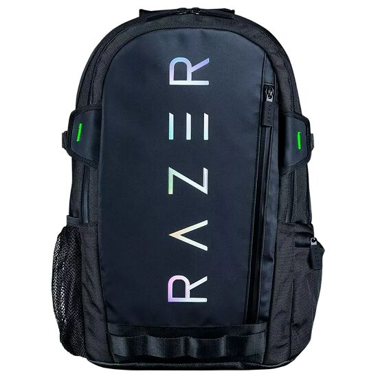 Sac à dos noir Razer avec le logo de la marque écrit verticalement en lettres colorées sur le devant.
