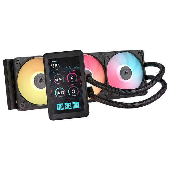 Refroidisseur liquide Corsair avec un écran LCD intégré affichant des informations système, accompagné de deux ventilateurs RGB multicolores et de tuyaux tressés noirs.