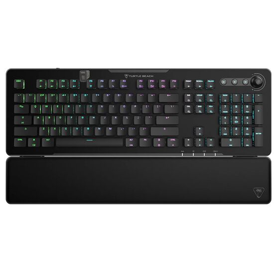 Clavier gamer Turtle Beach avec rétroéclairage vert et repose-poignet assorti.