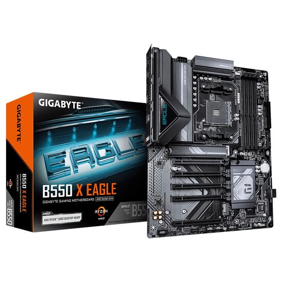 Carte mère Gigabyte B550 X Eagle pour processeur AMD Ryzen, présentée avec sa boîte d'origine.