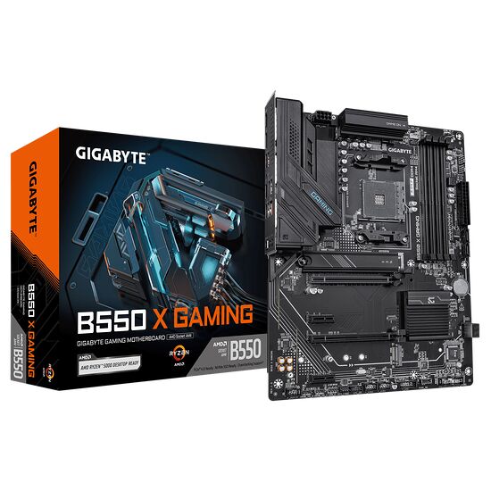 Carte mère Gigabyte B550 X Gaming présentée avec sa boîte d'emballage noire et orange. La carte mère est de couleur noire avec des dissipateurs thermiques et des détails de design intégrés.