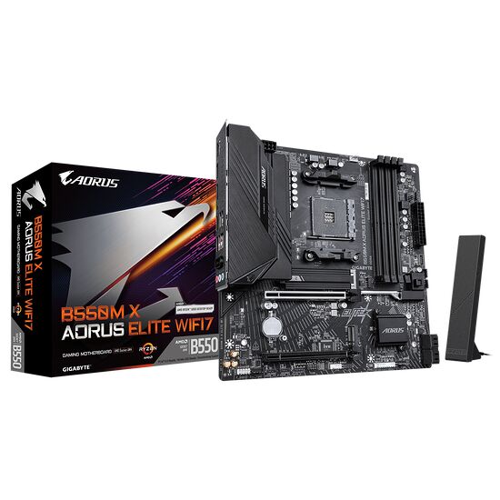 Carte mère Gigabyte Aorus Elite WiFi7 avec sa boîte d'emballage, présentant un design noir et des dissipateurs thermiques robustes.
