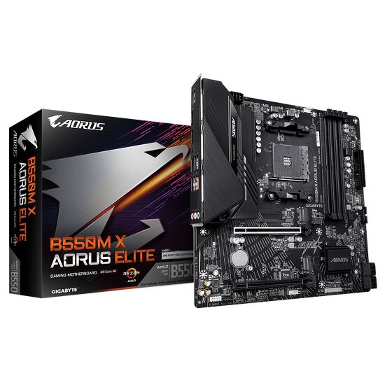 Carte mère Aorus B550M X Gaming Elite de Gigabyte présentée avec sa boîte d'emballage sur un fond noir.