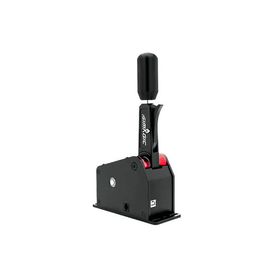 Levier de vitesse Simagic pour simulateur de course, de couleur noire avec des détails rouges.