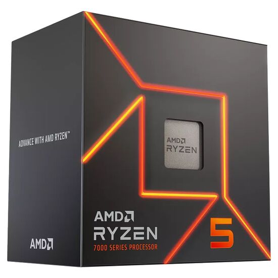 Boîte de processeur AMD Ryzen 5 de la série 7000, avec un design noir et des lignes orange lumineuses.
