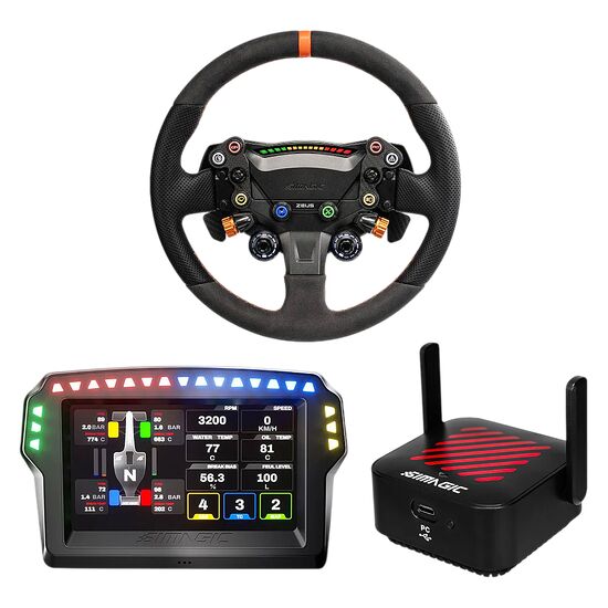 Un volant de simulation de course Simagic avec écran LCD intégré affichant diverses données de télémétrie, accompagné d'un boîtier de contrôle noir.