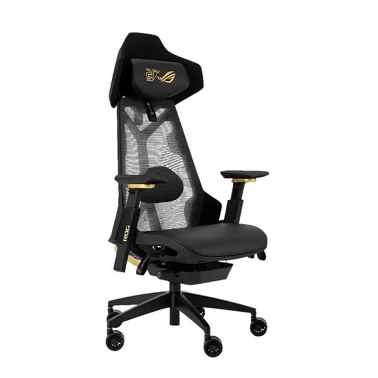 Chaise de bureau gaming ROG noire avec des détails jaunes, dotée d'un dossier en mesh et d'un repose-tête assorti.