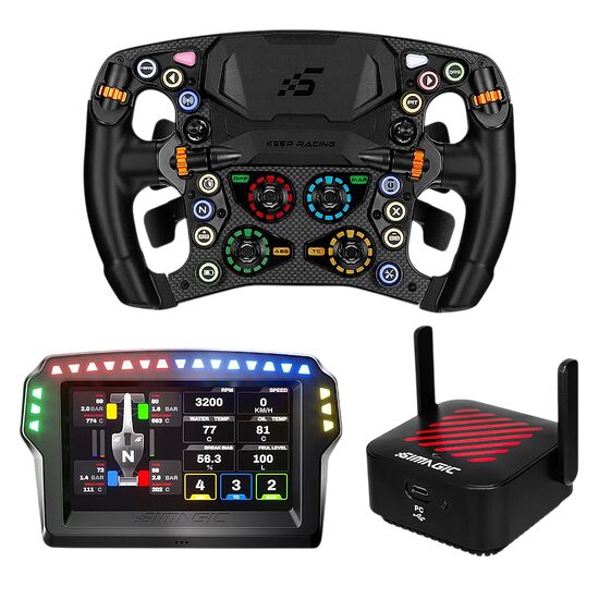 Un volant de simulation de course Simagic avec un écran de données LCD intégré affichant diverses statistiques de conduite, accompagné d'un module de base noir.