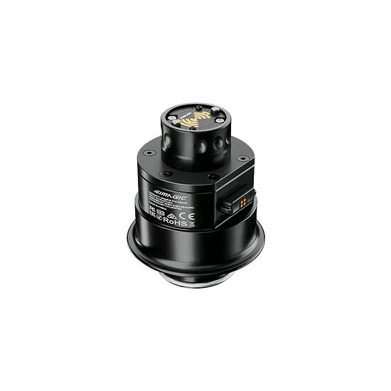 Base de retour de force Simagic pour simulateur de course, de couleur noire avec des finitions dorées sur le dessus.