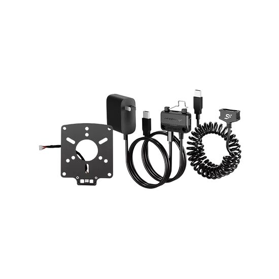 Ensemble de câbles et accessoires noirs comprenant un adaptateur secteur, un câble USB et un câble spiralé.