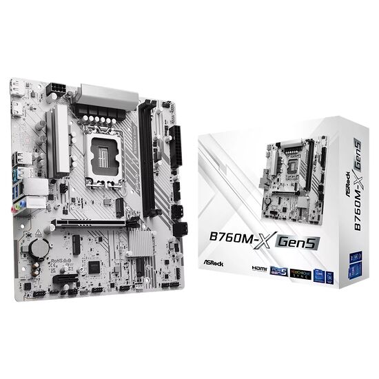 Carte mère ASRock B760M-X Gen5 présentée avec sa boîte d'emballage blanche.