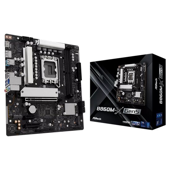 Carte mère ASRock B860M-X Gen5 avec dissipateurs thermiques blancs et noirs, présentée à côté de son emballage.