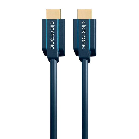 Deux connecteurs HDMI de marque Clicktronic avec un câble bleu foncé sur fond noir.