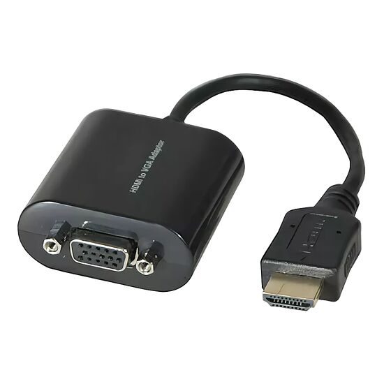 Adaptateur HDMI vers VGA noir avec un câble court, permettant de connecter un appareil HDMI à un écran via un port VGA.