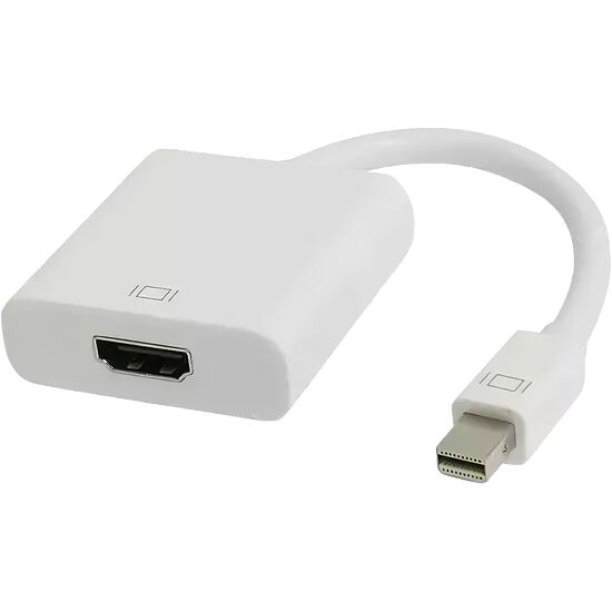 Adaptateur blanc avec un port HDMI femelle et un connecteur DisplayPort mâle.