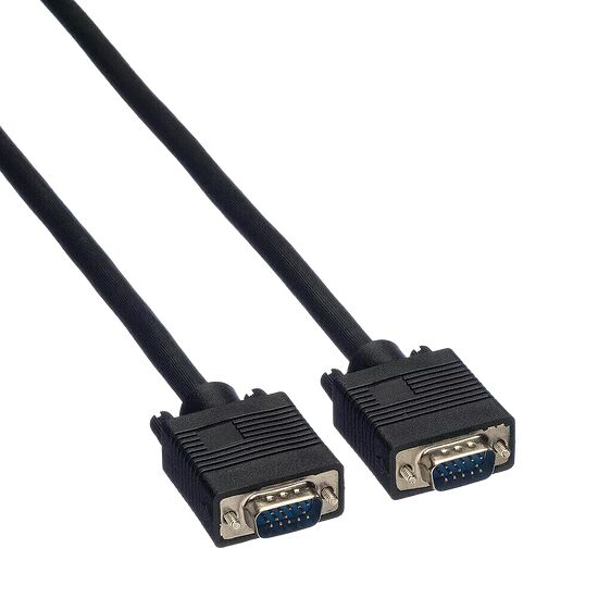 Câble VGA noir avec deux connecteurs mâles pour relier un PC à un écran ou un moniteur.