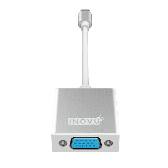 Adaptateur Inovu avec un connecteur VGA bleu et un câble gris.