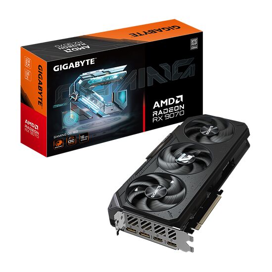 Carte graphique Gigabyte AMD Radeon RX 9070 Gaming OC avec trois ventilateurs et 16 Go de mémoire. La boîte orange et noire est présentée à côté de la carte elle-même.