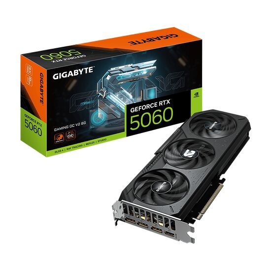 Carte graphique Gigabyte GeForce RTX 5060 avec deux ventilateurs, présentée à côté de sa boîte d'emballage noire et verte.