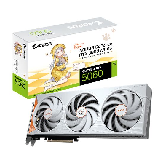 Carte graphique Aorus GeForce RTX 5060 avec trois ventilateurs blancs et détails orange, présentée devant sa boîte d'emballage illustrée.