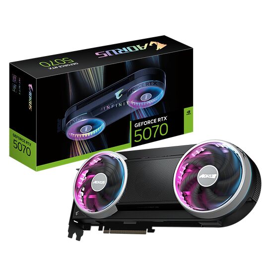 Carte graphique Aorus GeForce RTX 5070 avec deux ventilateurs rétroéclairés en rose et bleu, présentée avec sa boîte d'emballage.