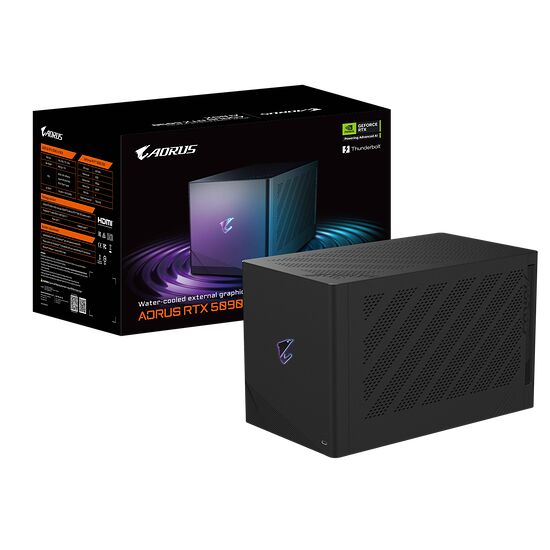 Boîtier d'alimentation graphique externe Aorus RTX, refroidi par eau, présenté devant sa boîte d'emballage noire.