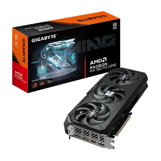 Carte graphique Gigabyte AMD Radeon RX 9070 GRE avec trois ventilateurs, présentée avec sa boîte d'origine.