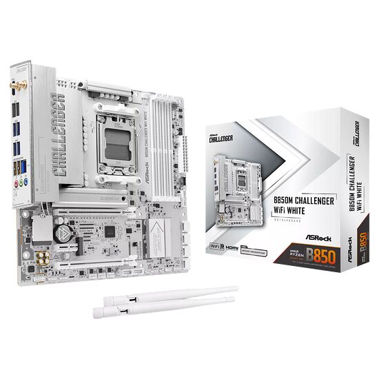 Carte mère ASRock Challenger B850M WiFi White, une carte mère de couleur blanche avec un dissipateur thermique argenté.