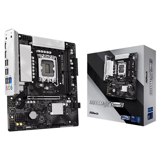 Carte mère ASRock H810M-X Gen5 de couleur noire et argentée, présentée de face et de trois-quarts avec sa boîte d'emballage.