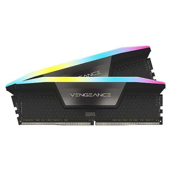 Deux barrettes de mémoire vive Corsair Vengeance DDR5 avec un éclairage RGB multicolore sur fond noir.
