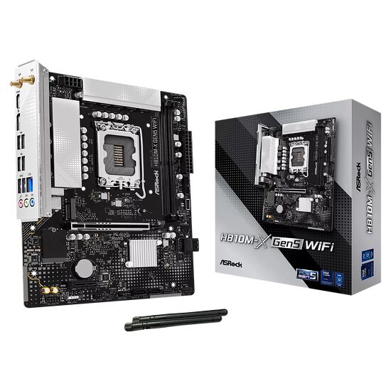 Carte mère ASRock H810M-X Gen5 WiFi avec ses dissipateurs thermiques argentés et ses connecteurs à l'arrière.