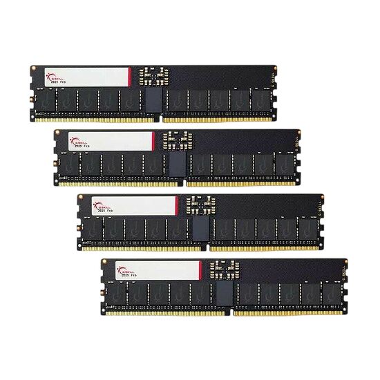 Quatre barrettes de mémoire vive (RAM) Dell de couleur noire avec des étiquettes blanches, disposées sur un fond noir.