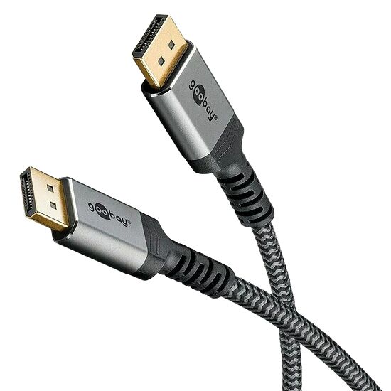 Câble HDMI de la marque Goobay avec des connecteurs dorés et une gaine en tissu tressée noire.