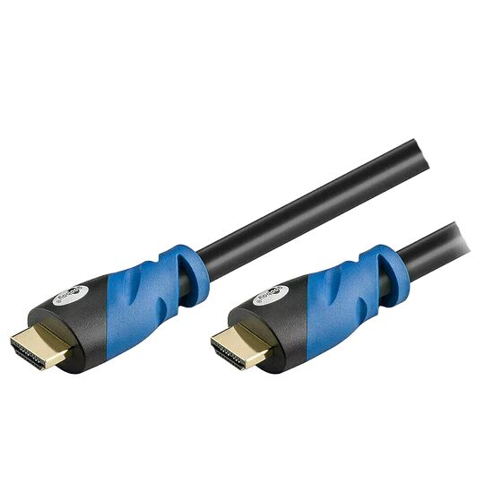 Câble HDMI avec connecteurs noirs et renforts bleus sur un fond noir.