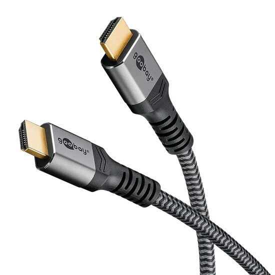 Câble HDMI de marque Goobay avec des connecteurs dorés et une tresse de protection noire.