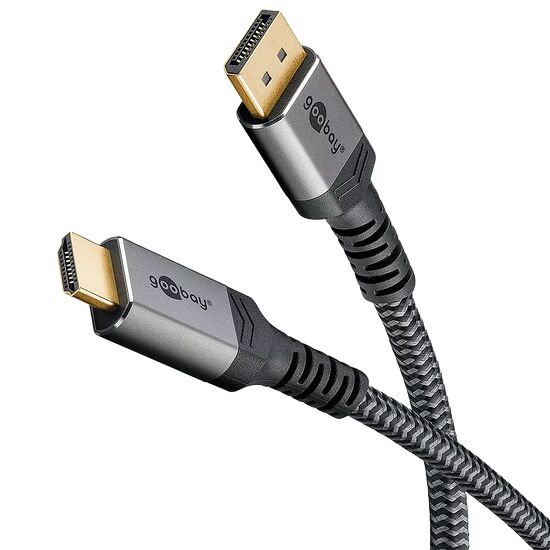 Câble HDMI de la marque Goobay avec des connecteurs dorés et une gaine tressée noire.