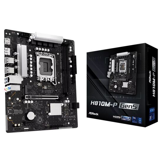 Carte mère ASRock H810M-P Gen5 présentée avec sa boîte d'emballage noire et grise.