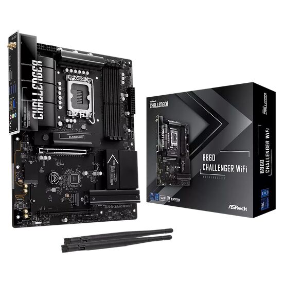 Carte mère ASRock Challenger WiFi avec dissipateurs thermiques noirs et composants électroniques apparents sur un fond sombre.