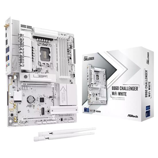 Carte mère ASRock B860 Challenger WiFi White présentée avec sa boîte d'emballage blanche.