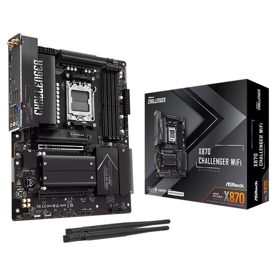 Carte mère ASRock Challenger X870 WiFi avec dissipateurs thermiques noirs et accents argentés, présentée avec sa boîte d'emballage.