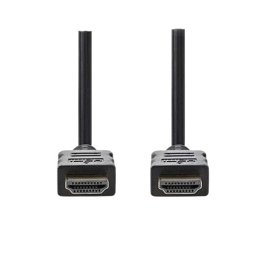 Deux câbles HDMI noirs avec des connecteurs mâles, présentés sur un fond noir.