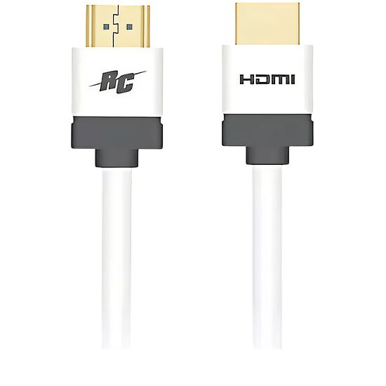 Câble adaptateur blanc avec connecteurs USB et HDMI, arborant le logo RC.