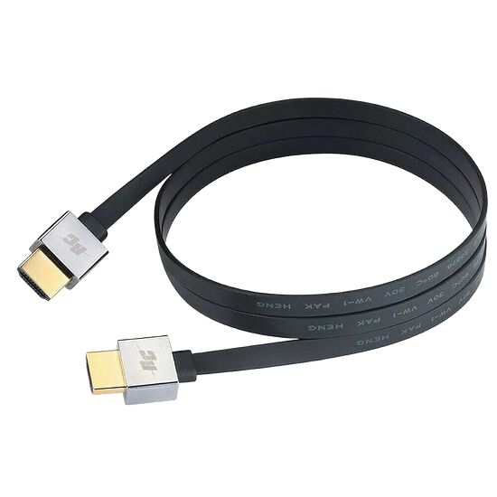 Câble DisplayPort noir avec connecteurs argentés, utilisé pour relier un PC à un écran.
