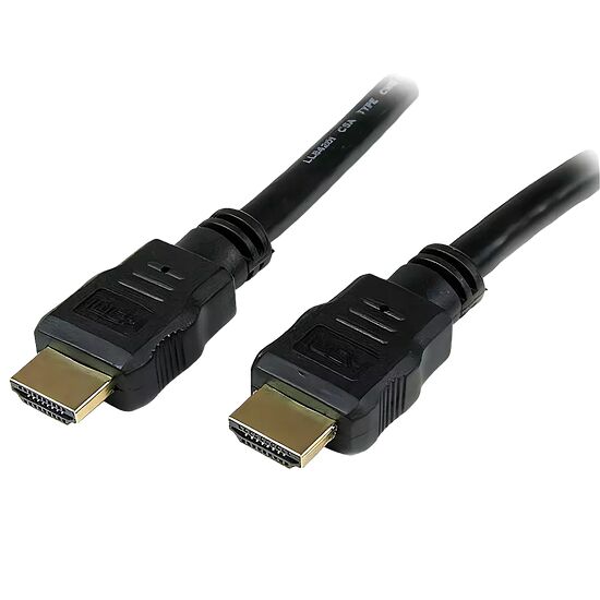 Câble HDMI noir avec deux connecteurs mâles, utilisé pour relier des périphériques vidéo.