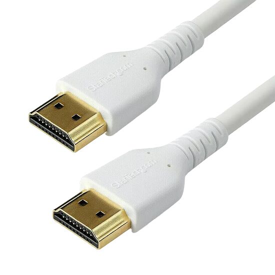 Deux câbles HDMI blancs avec des connecteurs dorés.