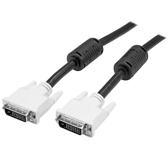 Deux câbles VGA noirs avec des connecteurs blancs, dotés de ferrures de protection et de câbles robustes.