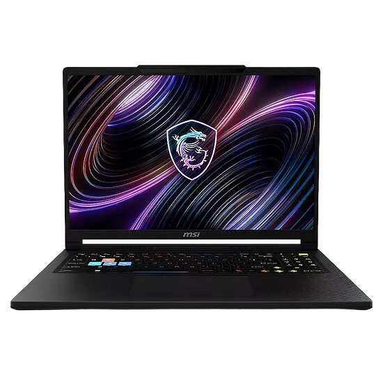 Ordinateur portable MSI avec un clavier rétroéclairé multicolore et un écran affichant un fond d'écran abstrait aux lignes lumineuses.