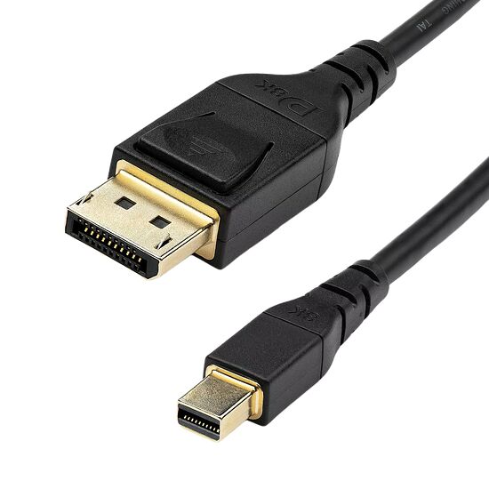 Câble DisplayPort noir avec connecteurs dorés, supportant la résolution 8K.