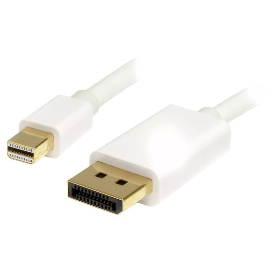 Câble adaptateur blanc avec connecteurs dorés, comprenant une extrémité DisplayPort et une extrémité HDMI.